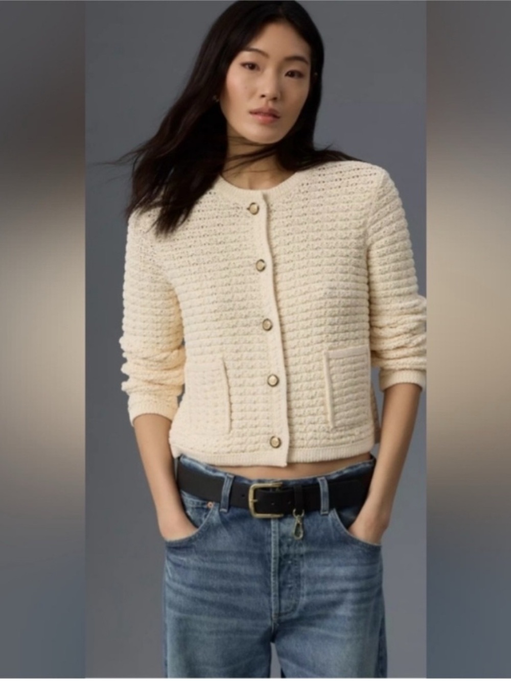 Anthropologie Knit Cream Cardigan size medium, small pulled thread on back left